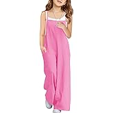 Haloumoning Girls Wide Leg Jumpsuit Kids Casual Sleeveless Romper Spaghetti Strap Overalls with Pockets and Side Slit