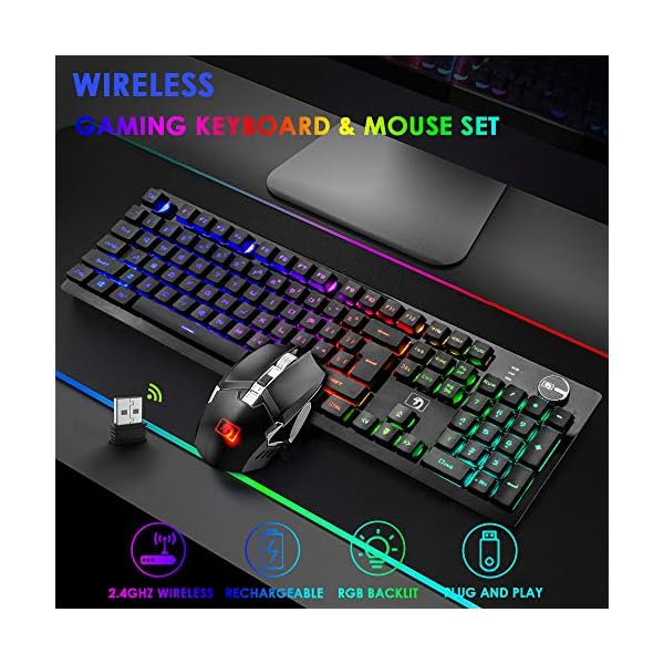 FELiCON K620 Wireless Gaming Keyboard and Mouse Combo, Mechanical Feel Rechargeable 100% Keyboard 4800 mAh, 16 Light Up…