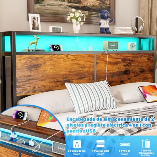 WELIKERA Marco de Cama con 2 Cajones, Base Cama King Cabecera con Luces Led, Base de Cama con Cabecera Estación de Carga USB y Espacio de Almacenamiento, Cama King Marco de Cama Fácil Montaje
