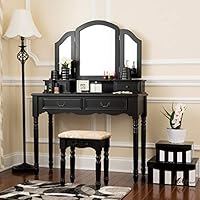 Fineboard Elegant Vanity Set Makeup Dressing Table with 3 Mirrors and Stool, 4 Drawers, Black