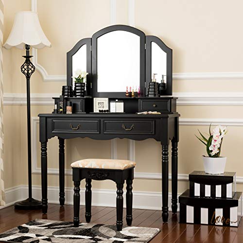Fineboard FB-VT06-BKV Elegant Vanity Set Makeup Dressing Table with 3 Mirrors and Stool, 4 Drawers, Black