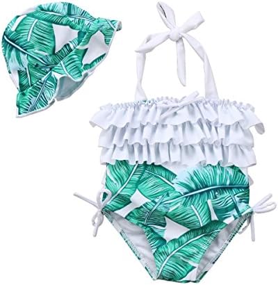 One openingBaby Girl Leaf Swimsuit Ruffles Swimwear Halter Bathing Suit One Piece Bikini with Sun Hat for Toddler Girls Beach Wear