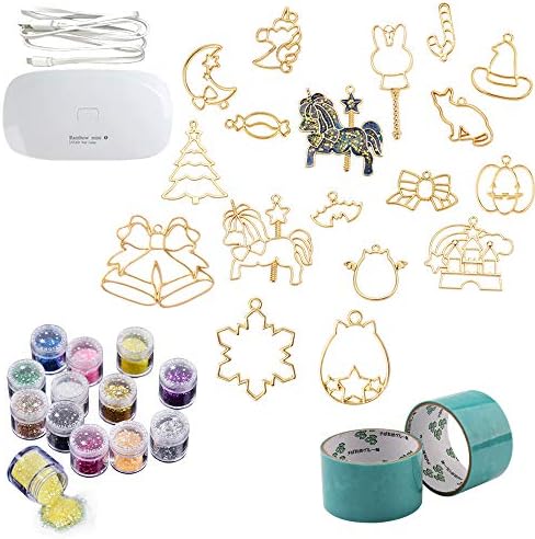 INNICON Jewelry Making Pack 14 Open Back Bezels Traceless Tape Sequins Glitter Accessories UV LED Lamp Tweezers for DIY Earrings Necklace Bracelet Key Chain Jewelry Charms Pendants Making