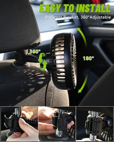 AuraCam 12V Car Fan, Mini Portable USB Fan for Passenger, 360 Degree Rotation, Car Seat Fan with 3 Strong Wind Speeds for SUV/RV/Truck/Saloon