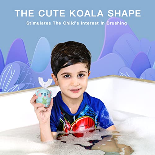 ELOTAME Kids U Shaped Electric Toothbrush with 4 Brush Head,Cartoon Koala Auto Sonic Toothbrush for Children Age 8-15,360° Full Mouth Cleaning Animal Toddler Automatic Toothbrushes with Travel Cup
