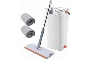 Mop and Bucket Set with Wringer with 2 Microfiber Pads, 360° Rotatable Flat Mops for Floor and Windows Cleaning, Cleaner with