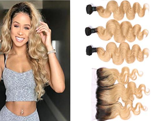 Blonde Ombre Human Hair Bundles with Lace Frontal 1b-27 Straight 134 Ear to Ear,100g/Pcs Extension,Double Weft (12 14 16+8 Inch)