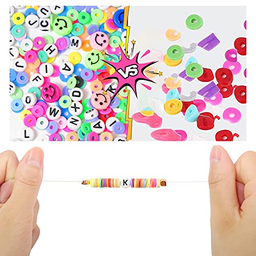 UHIBROS 5000 Pcs Clay Beads for Jewelry Making,200 Letter Beads,100 Smiley Face Beads, 6mm 16 Colors Flat Polymer Heishi Bead Kit for Bracelets Making
