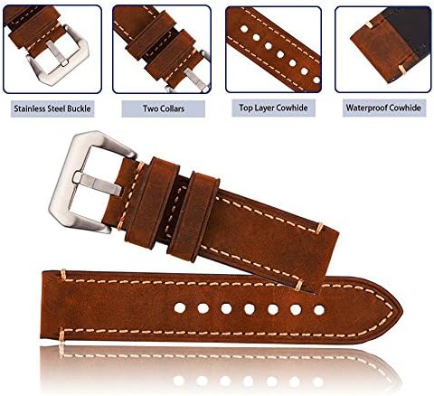 22mm Leather Replacement Watch Band Brown with Brushed Silver Buckle Genuine Calfskin