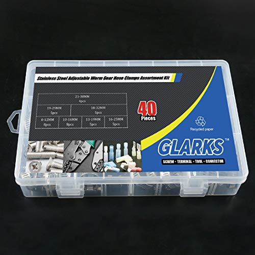 Hose Clamp Set, Glarks 40-Pieces 304 Stainless Steel Adjustable 8-44mm Range Worm Gear Hose Clamps Assortment Kit, Fuel Line Clamp for Water Pipe, Plumbing, Automotive and Mechanical Application