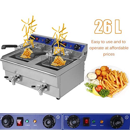 Belovedkai Electric Deep Fryer, 13L/26L Stainless Steel Commercial Electric Deep Fat Fryer Temperature Control Timing Fryer with Drain & Basket,Single Tank/Dual Tank (26L Dual Tank Silver 2) - Thumbnail 3