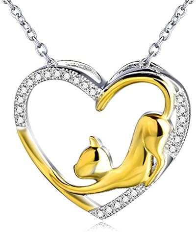 Sterling Silver Cubic Zirconia Heart Pendant with Gold Plated Cat Charm, Rolo Chain Necklace 18"