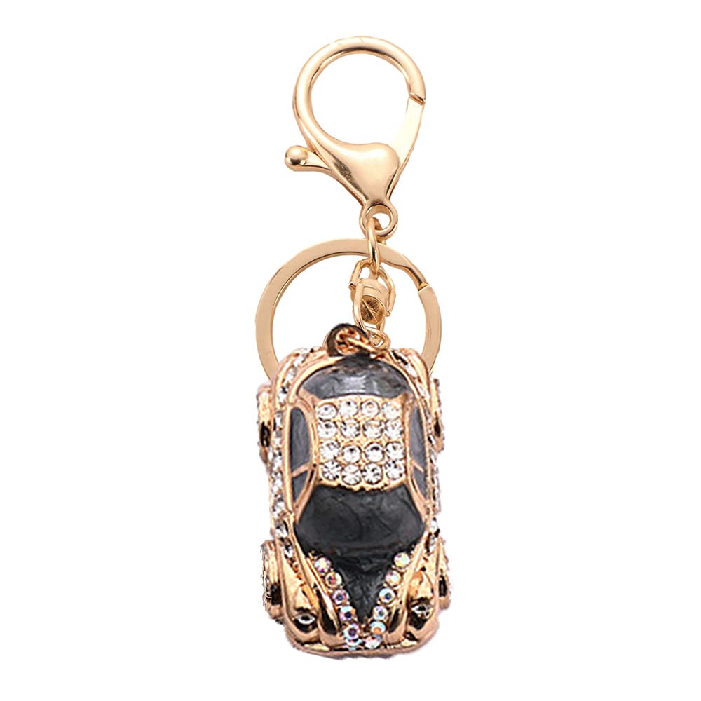 Car Rhinestone Keychain,Gold Alloy Luxury Sedan Charm Keyring Pendant (Black)