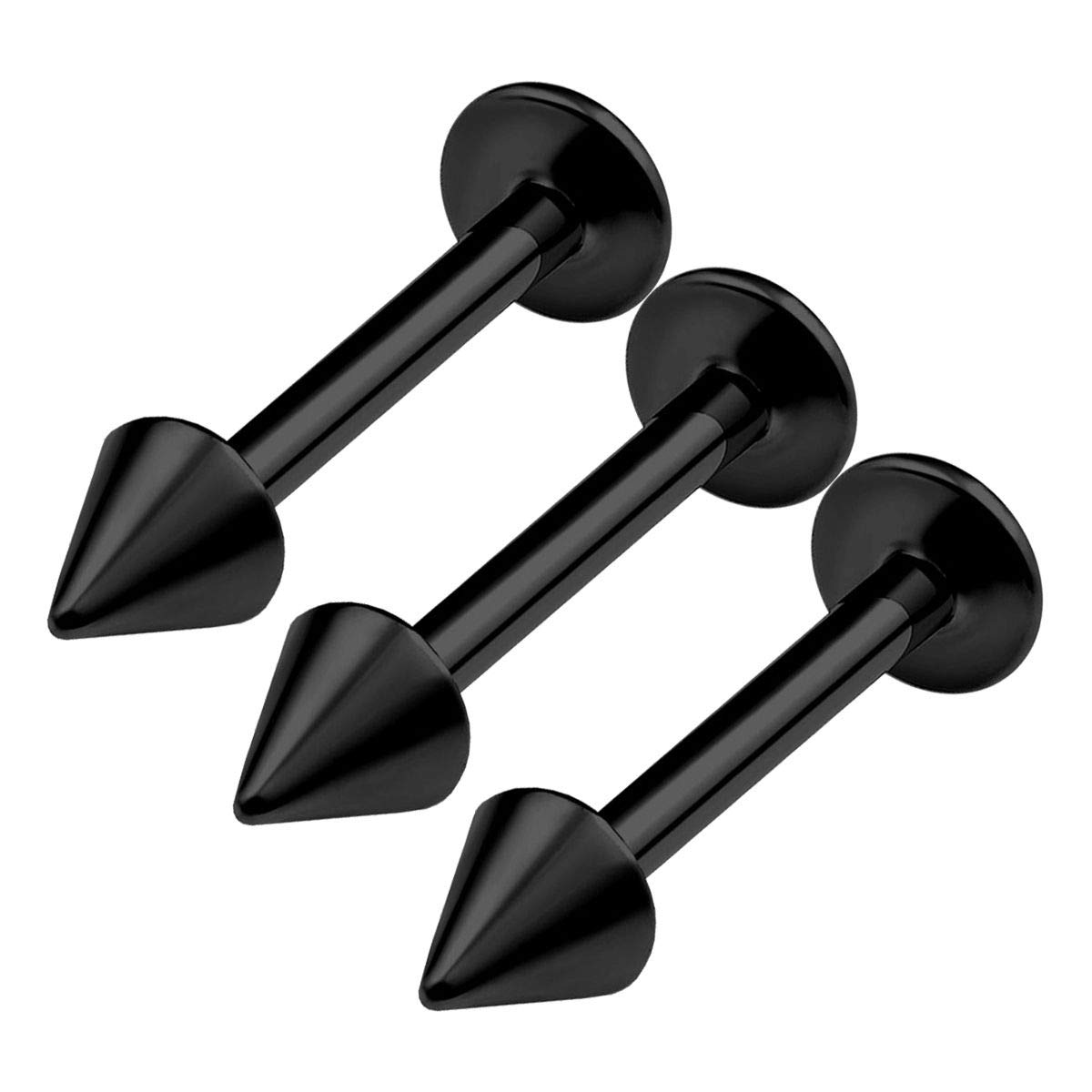 KJM FASHION 3PCS Surgical Steel Black Labret Lip Rings 16 gauge 1/4 8mm 3mm Spike Tragus Earrings Vertical Labret Piercing Jewellery 0032