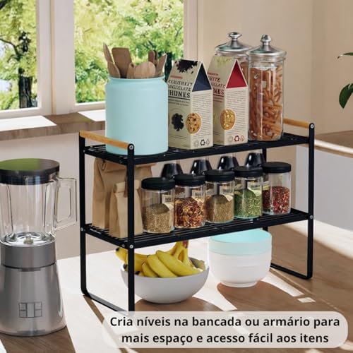Prateleira Organizadora de Cozinha 2 Andares 33x33x20cm | Organizador de Armário Aramado em Metal Resistente com Cabo de Madeira Antiferrugem para Louças e Utensílios (Preto)