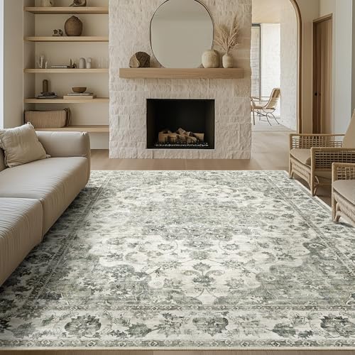 HUGEAR Vintage Grün Waschbarer Teppich Wohnzimmer 200x300cm Retro Rugs for Living Room Weich rutschfest Groß Tepich Kurzflor Schlafzimmer Carpet Livin