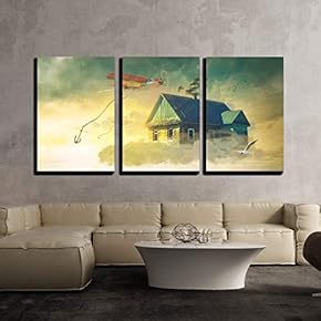3 Piece Canvas Wall Art - The House in The Clouds Hovering Above The Ground - Modern Home Art Stretched and Framed Ready to Hang - 16"x24"x3 Panels
