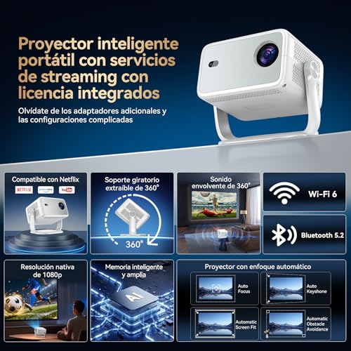 Proyector Portatil 4K con Compatible Netflix y Soporte de 360°, Enfoque y Corrección Trapezoidal Automática, WiFi 6 Ultra Rápido, Bluetooth, Cine en Casa para Smartphone/PS5/Laptop