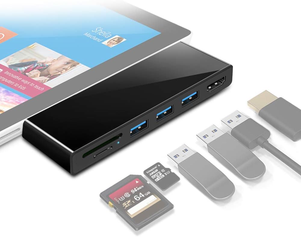 Surface Pro 4 Portable Multiport Card Reader Docking Station, Rocketek Card Reader with SD/Micro SD Card Writer, 3 USB 3.0 Ports, 4K HDMI, Compatible with Surface Pro 4