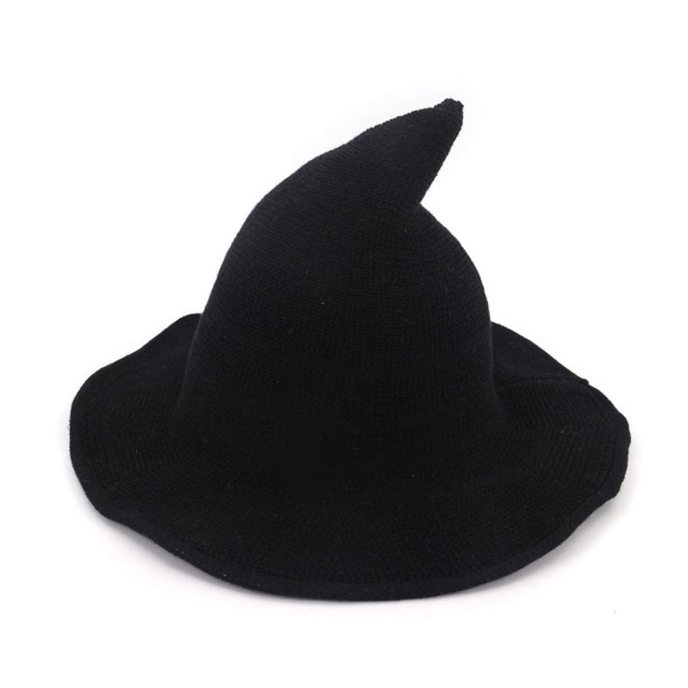 Women Witch Pointed Hat, Foldable Brim Knitted Cap Wizard Hat for Halloween Christmas Costume Party Masquerade Cosplay (Black)
