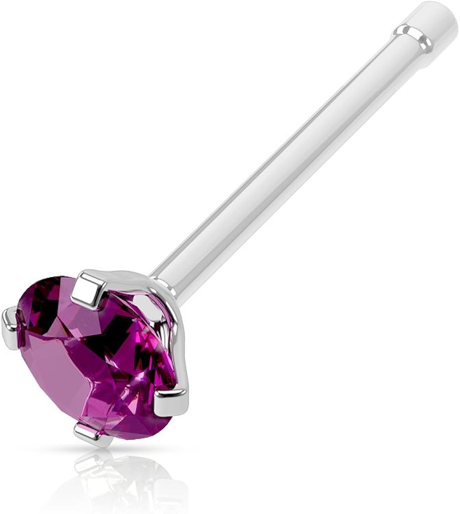 PiercedOff 316l Surgical Steel Nose Bone with Purple CZ Gem - Thickness 20GA (0.8mm) / Length 6mm / Gem Size 3mm