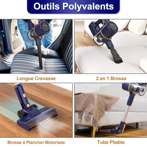 Aspirateur Balai sans Fil, aspirateur sans Fil Puissant, Aspirateur Pliable, 40Min Autonomie, Brosse Anti-emmêlement, 6 en 1 Aspirateur sans Sac Léger Silencieux pour Sol Dur Tapis Poils d'animaux(BM)