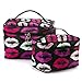 SHACOS Fashionable Portable Cosmetic Toiletry Bags Polyester Fiber Makeup Brush Bags with Mirror 2pcs a Set (Black Lips)