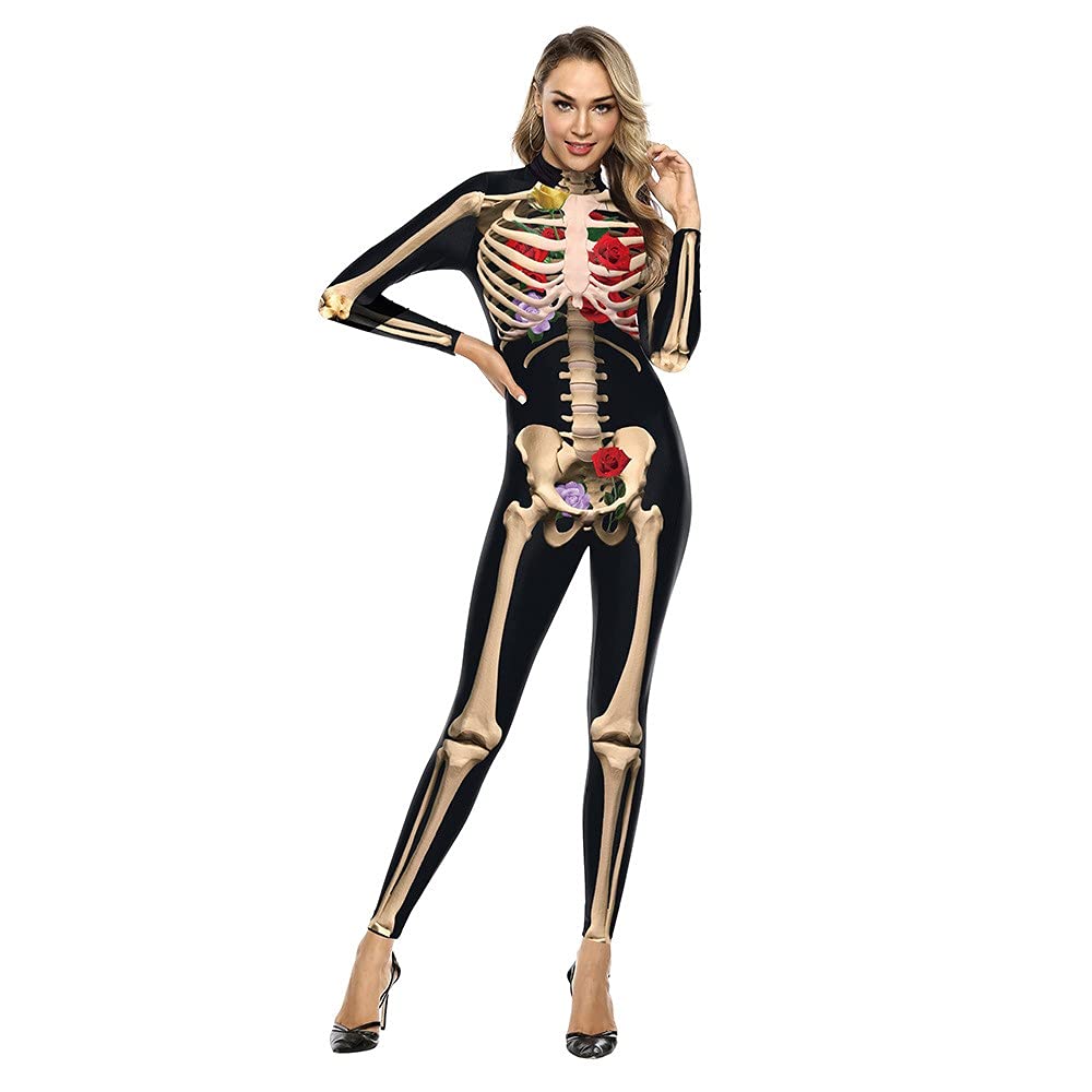 eBoutik - Novelty Adult Halloween Costume - Women's Body Jumpsuit Outfit - Nightmare Spooky Day Of The Dead Skeleton Design for Parties (Rose Skeleton (M))