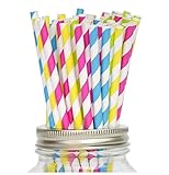 Secret Life(TM) Yellow, Lime Green, Blue and Fuchsia Striped Paper Straws, 100% Biodegradable Color Straws Set + 100% Biodegradable Container Box 100ct (PSCFPR02)
