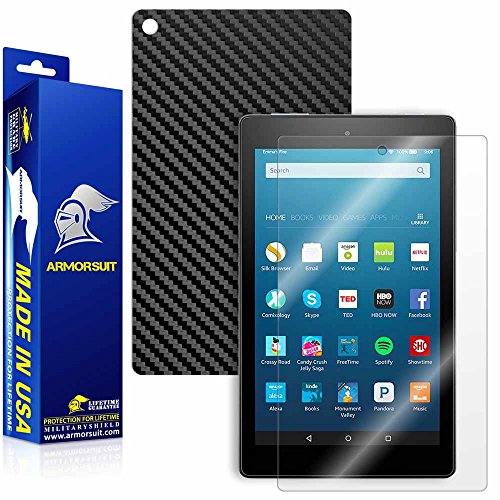 ArmorSuit MilitaryShield - Fire HD 8 Screen Protector (6th Gen - 2016 Release) + Black Carbon Fiber Skin Back Protector w/ Lifetime Replacements - Front Anti-Bubble Ultra HD Shield