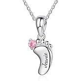 3UMeter 925 Sterling Silver Personalized Baby Feet Necklace for New Mom Custom Baby Name Necklace Engraved Mothers Necklace 1-6 Children with Names and Birthstones Birthday Mother's Day Gifts for Mom