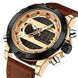 Tonnier Genuine Leather Band Analog Digital LED Dual Time Display Mens Watch, Brown&Gold