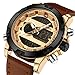 Tonnier Genuine Leather Band Analog Digital LED Dual Time Display Mens Watch, Brown&Gold
