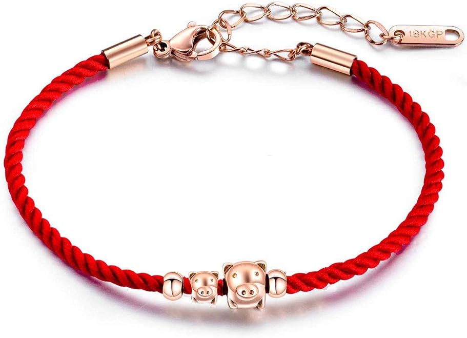 MONIYA Chinese Zodiac Sign Pig Charm Bracelet for Women Cubic Zirconia Red Rope Good Luck Symbol Jewelry