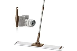 CQT Commercial Flat Microfiber Floor Mop Cleaning System 24" Inch Wet Dry and Dust Hardwood with 4 Washable Pads Cleaner for Laminate Tile Stainless Steel Handle and Extension (PT14 Brown)