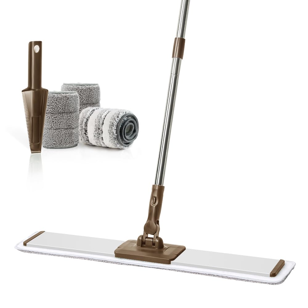 CQT Commercial Flat Microfiber Floor Mop Cleaning System 24" Inch Wet Dry and Dust Hardwood with 4 Washable Pads Cleaner for Laminate Tile Stainless Steel Handle and Extension (PT14 Brown)