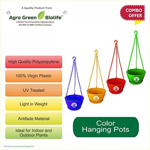 Green and Pure Hanging Pots | Flower Planter | Plant Containers Pack of 4 - Blue,Yellow,Red,Green Colour