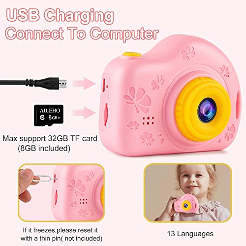 AILEHO Kids Camera for Girls Birthday Holiday Children Digital Video Camera for Kids Age 3 4 5 6 7 8 9 Years Old Toy Gifts Toddler Camera 8M 1080P 8GB Card Mini Toy Camera IPS 2\
