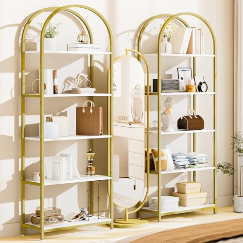 Simple Wisdom Librería, estantería Moderna con Arco Abierto, librero Minimalista de 5 Niveles de 180 cm, estantería Simple Adecuada para Dormitorio, Sala de Estar, Oficina (Blanco Dorado)