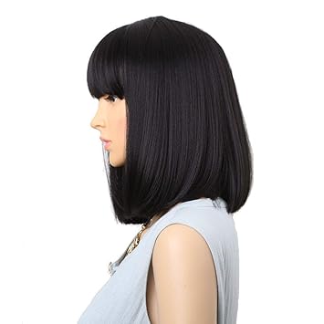 Amazon Com Black Synthetic Wigs With Bangs For Women Medium