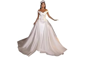 HEGABCH White Mermaid Wedding Dresses for Women Beaded Satin Off Shoulder Bride Dress Detachable Train Long Bridal Gowns Lace Up Back US16 He1023C