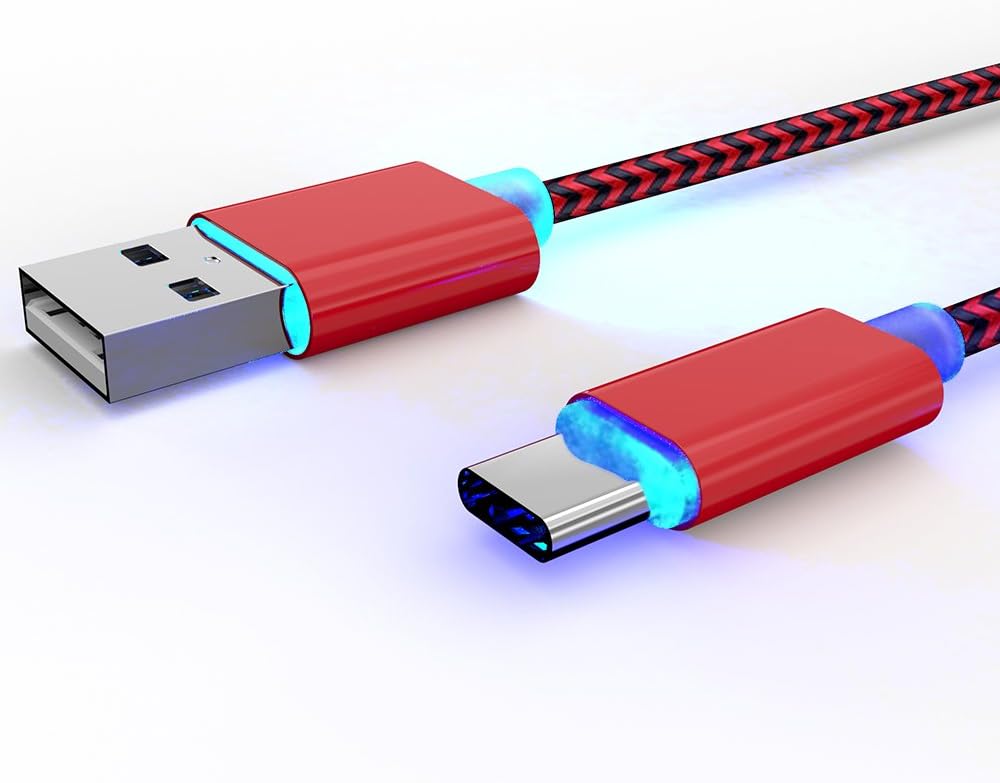 Led Light USB TypeC Cable - 10ft Nylon Braided USB Type C Charger Cord for New Android, Sumsung, Nexus, LG, Sony Devices with Type C Connector(Red)