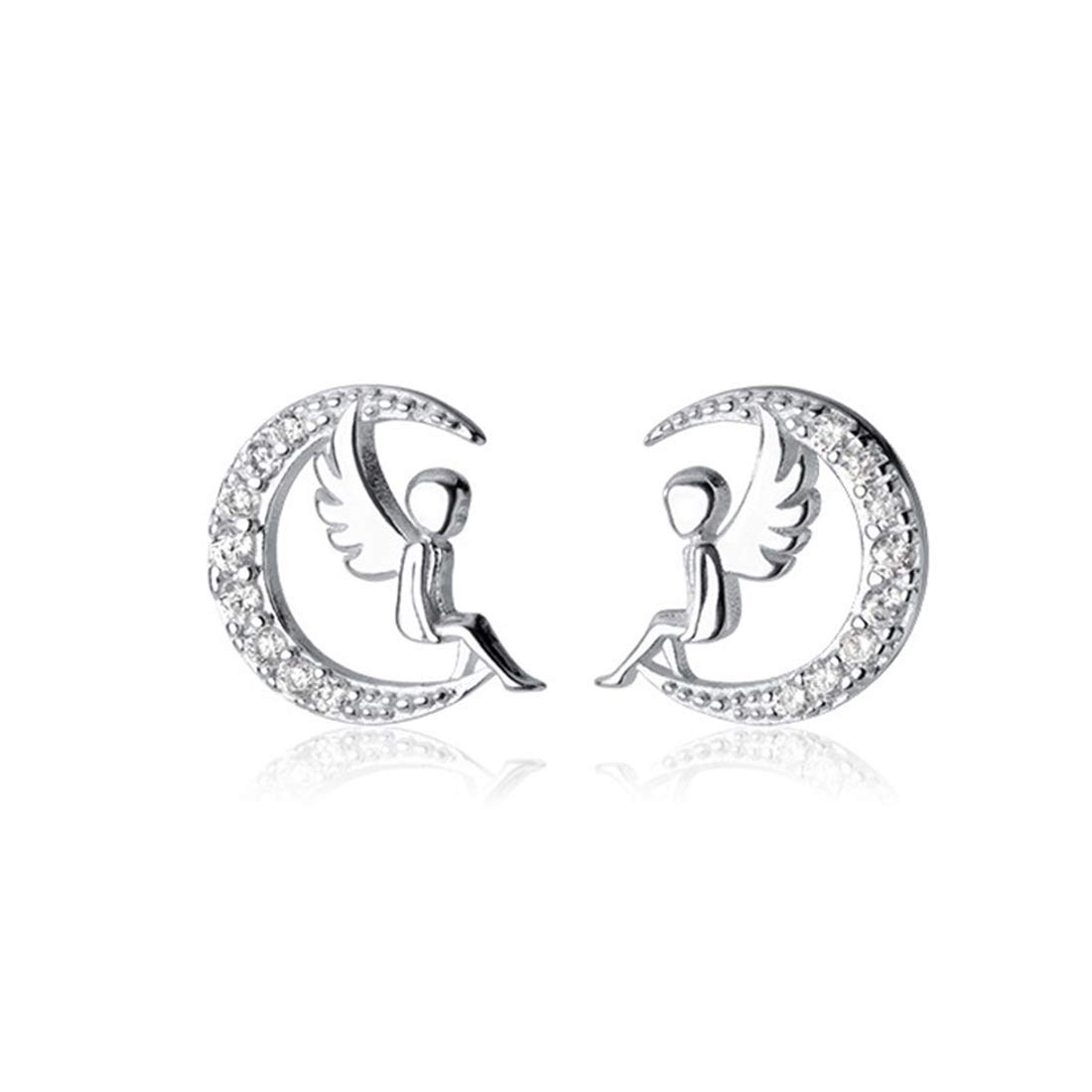 925 Sterling Silver Crystal Angel Wings Tiny Earrings Angel Baby Fairy Moon Jewelry Cute Allergy Free Ear Studs For Women Princess Gifts