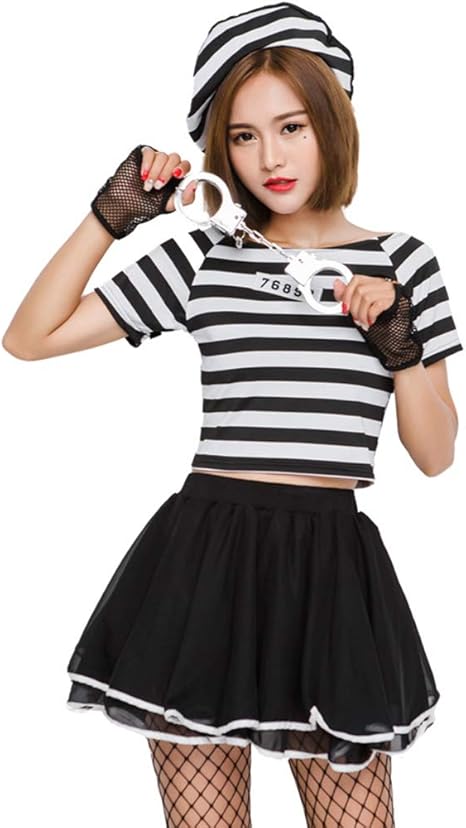 Amazon 囚人服 コスプレ ハロウィン パーティー 舞台 演出服 レディース 肩出し セクシー 誘惑 柔らかく 薄手 仮装 衣装 帽子付き コスチューム 弾力性 白黒ボーダー おもちゃ手錠 囚人コスプレ 制服 Cosplay 大人仮装 ハロウィン おもしろ M コスプレ 仮装 通販