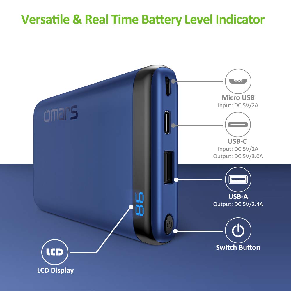 Omars Power Bank 6000mAh Caricabatterie Portatile con Porta USB C da 15W, USB A Porta 2.4A Powerbank per iPhone X 8 7 Plus 6s 6 iPad Air Mini Samsung Galaxy S9 S8 S7 Edge S6 Smartphone