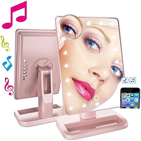 Wansang Touch Vanity Makeup Mirror with LED Lights, Bluetooth Speaker, 10X Zoom Magnification, Adjustable 360° Rotating Table Top Stand – Rectangular, Portable, Easy to Use,Magnifying (Rose gold)