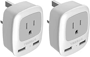 UK Hong Kong Ireland Travel Plug Adapter 2 Pack, TESSAN Type G Power Outlet Adaptor with 2 USB for USA to London Scotland Dubai British England Irish