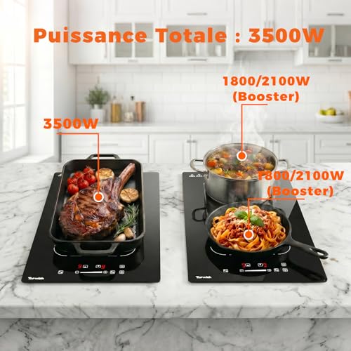 Topwish Induction hob with 2 burners, induction hob, flexible zones, built-in hob, 30 cm, with booster, 9 levels, timer, child safety, automatic switch-off, warm keep, 3500 W | Table de cuisson encastrable 30cm, avec Booster, 9 Niveaux, Minuterie, Sécurité Enfant, Arrêt automatique, Maintien au chaud