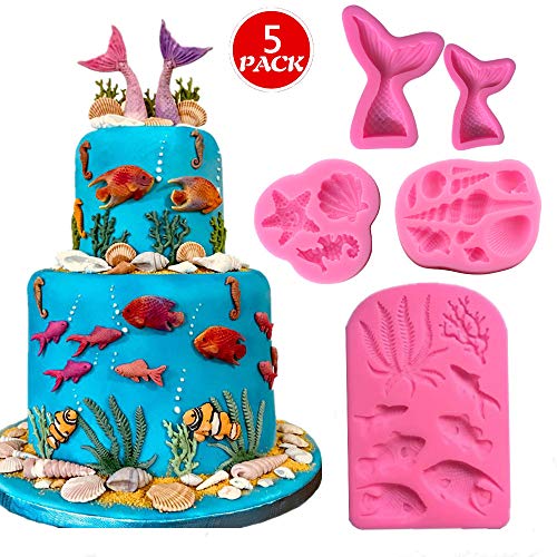 Marine Theme Fondant Silicone Mold,Seashell,Mermaid Tail,Seaweed,Coral,Fish DIY Handmade Baking Tools for Mermaid Theme Cake Decoration,Chocolate,Candy,Fondant,Polymer Clay,Crafting Projects