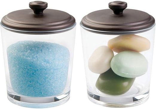 Amazon Com Mdesign Bathroom Vanity Glass Canister Jar For Epsom Bath Salts Soap Cotton Balls Swabs Pack Of 2 Clear Bronze Home Kitchen
